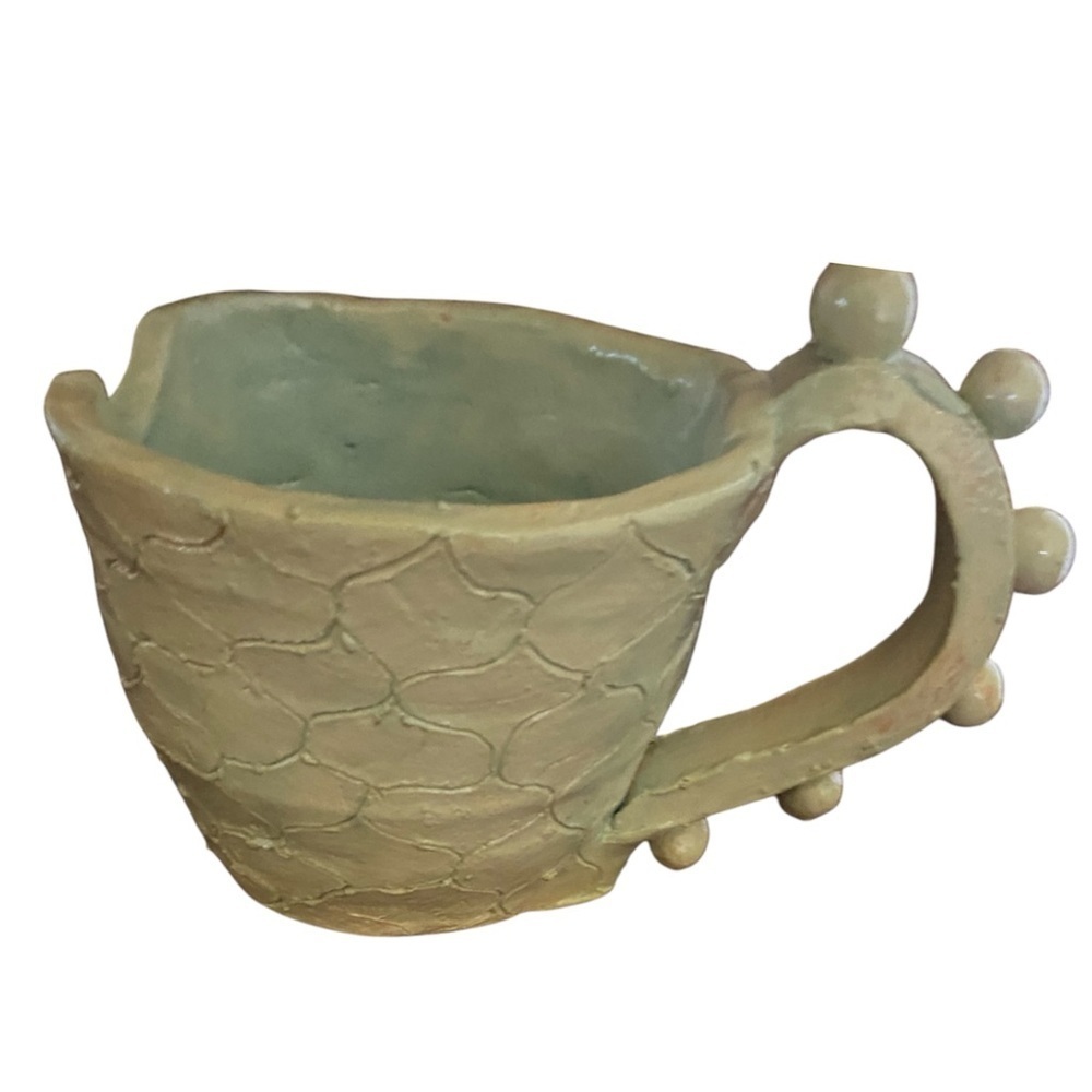 Vintage Signed Pottery Handcrafted Textured Green Ceramic Detailed Handle Mug